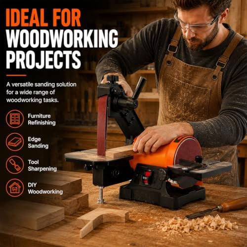 1x30 Inch Bench Belt Disc Sander, Benchtop Belt Sander with 5 Inch Disc, Adjustable Work Table, Quick Release Belt Change, Dual Dust Ports & Miter Gauge for Woodworking Metal Sanding
