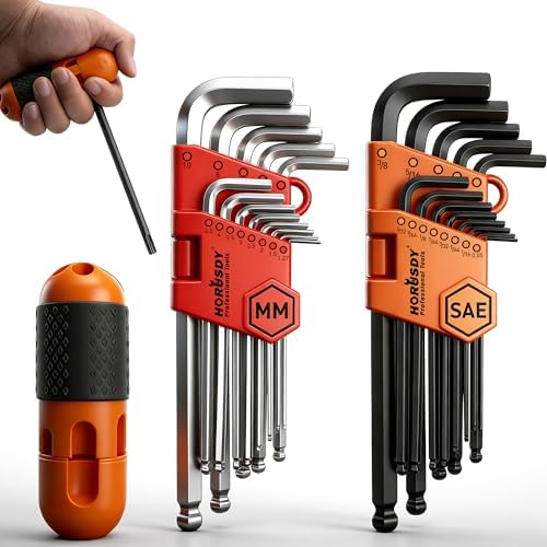 HORUSDY 27PCS Durable Hex Key Allen Wrench Long Arm Set with Ball End, Metric and Standard Sizes Allen Key Set with Another T Handle, Heat-treated CR-V Steel