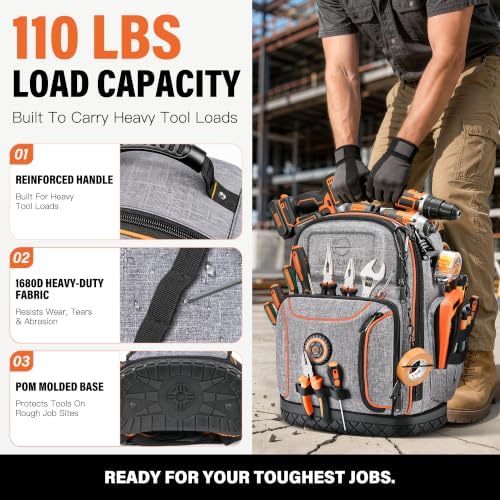 LOKASS 18.1-inch Heavy-Duty Tool Backpack, 75 Pockets, Gray