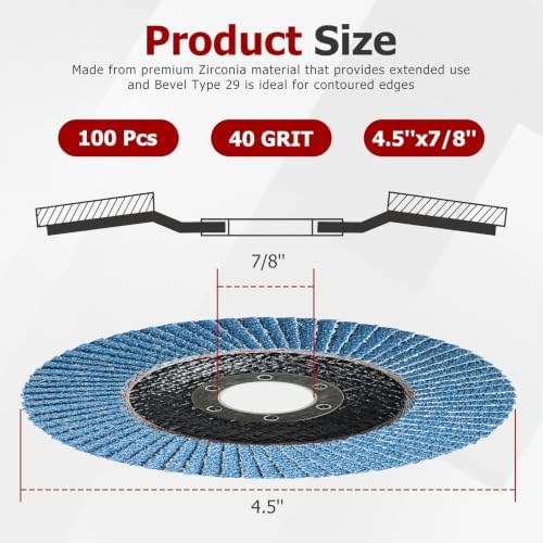 findmall 100 Pack 4-1/2" X 7/8" 40 GRIT Premium Zirconia Type 29 Flap Disc Grinding Wheel Sandpaper for Angle Grinder, Sanding Discs, Finishing
