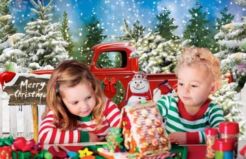 Winter Christmas Snowman Red Truck Backdrop 7x5ft Merry Christmas Winter Forest Photography Background Xmas Theme Party Decorations Studio Photo Booth Props
