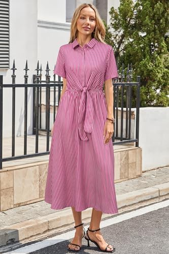 Newshows Women's Work Business Casual Outfits Tie Waist Midi Shirt Dress