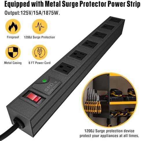 YYR Power Tool Organizer with Charging Station Wall Mount, Cordless Drill and Battery Holder for Garage Organization, Electric Tools Storage Rack Build in Surge Protection Power Strip - Yellow Shelf