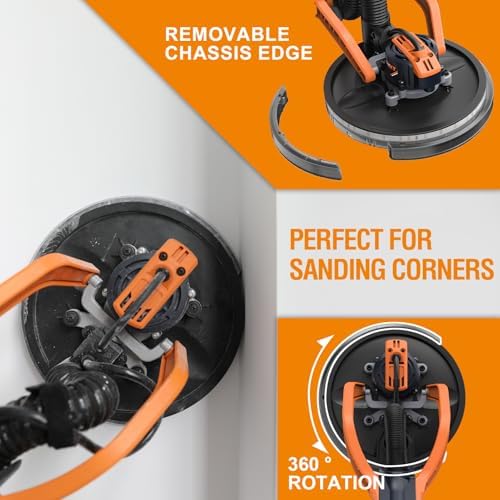 MAXXT Brushless Orbital Drywall Sander, 550W Powerful Constant Speed Electric Drywall Sander, 6 Variable Speed 600-1200 RPM Foldable Sander Tool, With Memory Variable Speed, 360° LED Light