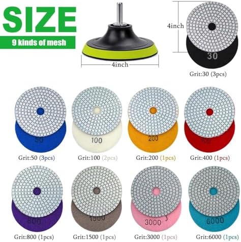 16PCS Wet Dry Diamond Polishing Pad Kit, 4 Inch Diamond Sanding Pad 30-6000 Grit with 5/8''-11 Thread Backer Plate for Concrete Marble Quartz Granite Countertop Stone & Tile Polishing