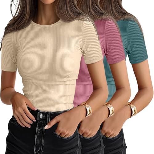 Ficerd 3 Pack Women's Ribbed Short Sleeve T-Shirts