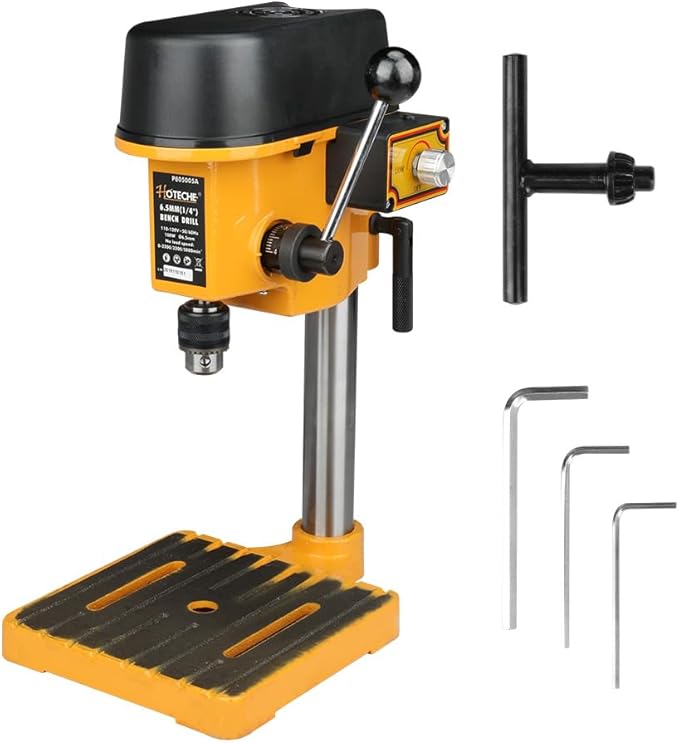 Hoteche Variable Speed Mini Benchtop Drill Press with 1/4-Inch Chuck, 170mm Work Table & 23mm Spindle Travel - Precision Tabletop Drilling Machine for Wood, Metal, Plastic & DIY Projects