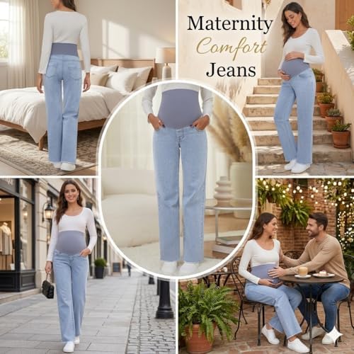 fitglam Women's Maternity Jeans Straight Leg Relaxed Fit Over Belly Pregnancy Denim Work Pants Maternity Clothes with Pockets