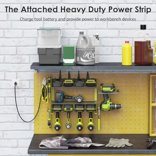 CCCEI Modular Power Tool Organizer Wall Mount Charging Station, Green 6 Drills Holder with 8 Plug Power Strip 10FT, Garage Drill Battery Heavy Duty Metal Shelf, Utility Rack with Hooks, Side Storage.
