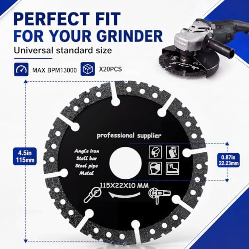 20 Pcs 4.5" Diamond Saw Blades Bulk Diamond Cutting Wheel for Angle Grinder 4 1/2'' Multi Purpose Heavy Duty Angle Grinder Discs for Cutting Metal Tile Rebar Steel Marble, 7/8'' Arbor(Black Style)
