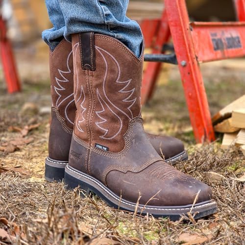 Showave Steel Toe Cowboy Boots for Men Western Square Toe Work Boot Full-grain Leather Safety Boots with Hazard Protection for Construction Manufacture Farming