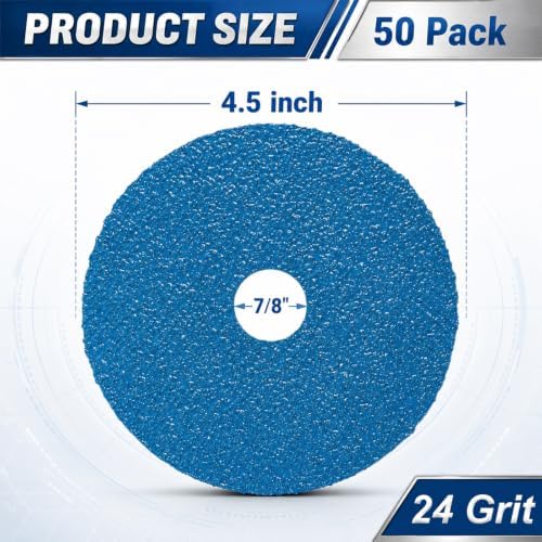 50 Pack Zirconia Resin Fiber Sanding Grinding Discs, 4.5" x 7/8” 24 Grit