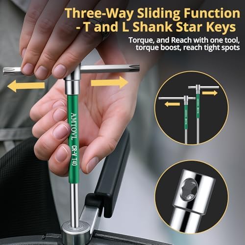 AMTOVL T-Handle Star Wrench Set - TORX, 10 Pcs T10-T55, Sliding Handle, | Chrome Vanadium Steel, with Aluminum Alloy Sleeves & Steel Storage Rack, for DIY, Mechanics, and Bicycle Enthusiasts
