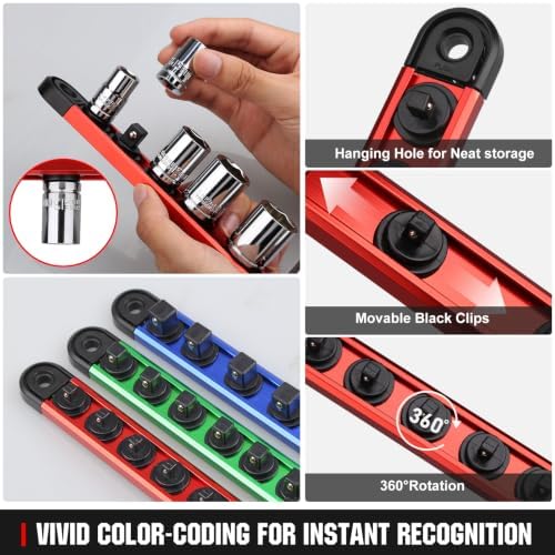 Magnetic Socket Organizer – 3/8-Inch Drive Aluminum Alloy Socket Rail | Heavy Duty Socket Holder & Ratchet Organizer | Socket Organizer for Tool Box Drawer with 14 Clips (Red) | Magnetic Socket Organizer