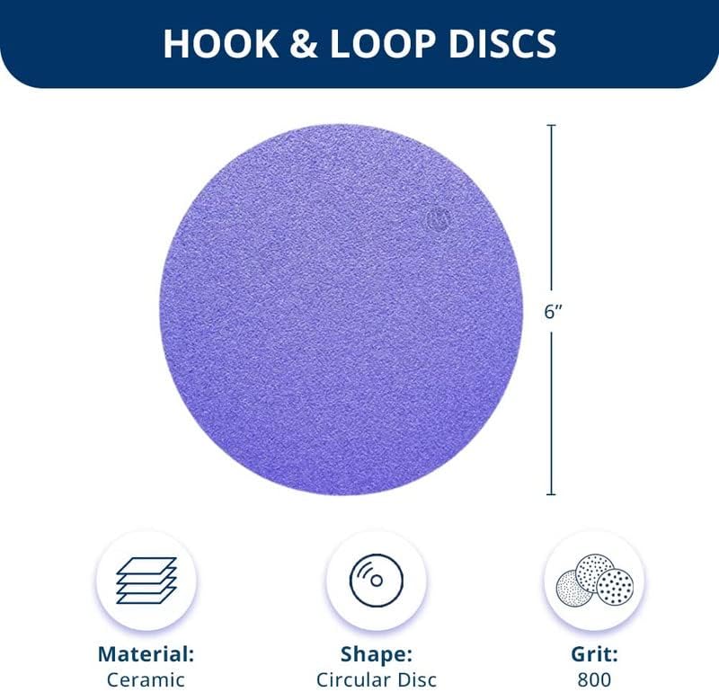Benchmark Abrasives 6 Inch Sanding Discs Hook and Loop Ceramic No Holes Adhesive Sandpaper for Surface Blending, Automotive Metals Fiberglass - Orbital Sander Sandpaper (50 Discs), 800 Grit