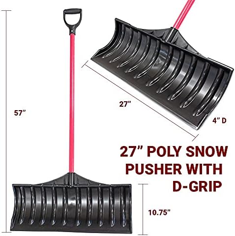 Bully Tools 27" Poly Snow Pusher Fiberglass D-Grip, Made in USA