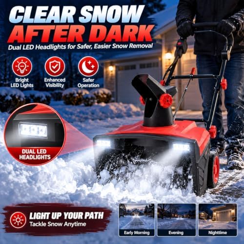 20-Inch Corded Electric Snow Thrower, 15 Amp Corded Snow Blower with Dual LED Lights, 180° Rotating Chute, 30 FT Throw Distance, 10-Inch Clearing Depth for Driveways, Walkways & Patios