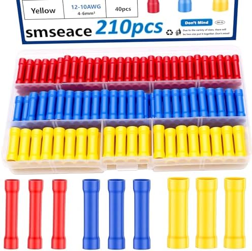 smseace 210 Pcs Butt Splice Connectors Kit 22-10AWG Butt Wire Connectors Assorted Butt Splice Crimp Connectors Wiring Straight Crimps Terminals for 22,20,18,16,14,12,10 Gauge Wires