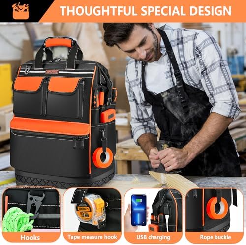 LOKASS Tool Backpack Heavy Duty, 18.5 in, 56 Pockets, Molded Bottom, Orange
