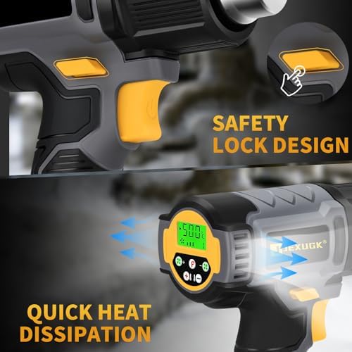 JEXUGK LCD Heat Gun Cordless, Portable Wireless Hot Air Gun with 2 x 6.0Ah Battery, 140℉-1004℉ Rechargeable Pistola De Calor Inalambrica with 4 Nozzles for Vinyl Automotive Paint Removal Shrink Wrap