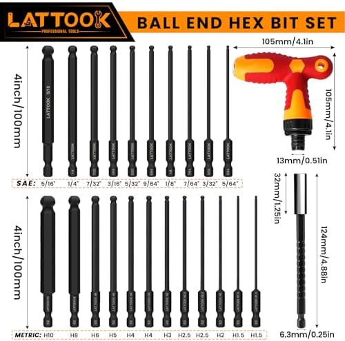 Metric & SAE Ball End Hex Bit Set with Ratcheting T Handle Bit Driver | LATTOOK 22PCS Ball End Hex Head Allen Wrench Drill Bit Set, Allen Key Drill Bit Set, Magnetic S2 Steel, 4'' Long