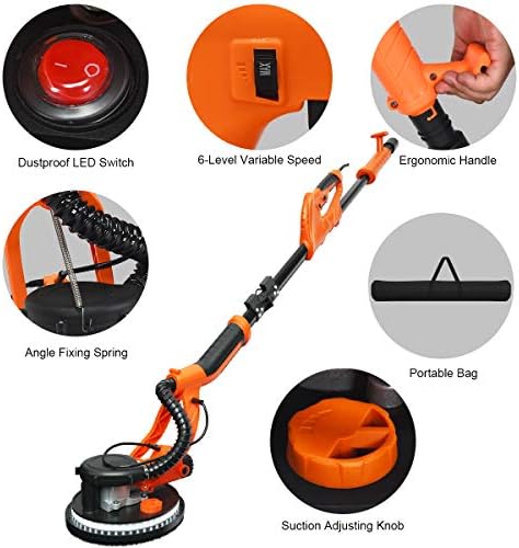Goplus 750W Drywall Sander, Electric Foldable Sander Machine w/Dust-Free Automatic Vacuum System, 6 Variable Speed 800-1750 RPM, Double-Deck LED Lights, 12 Sanding Disks & Carrying Bag (Foldable)