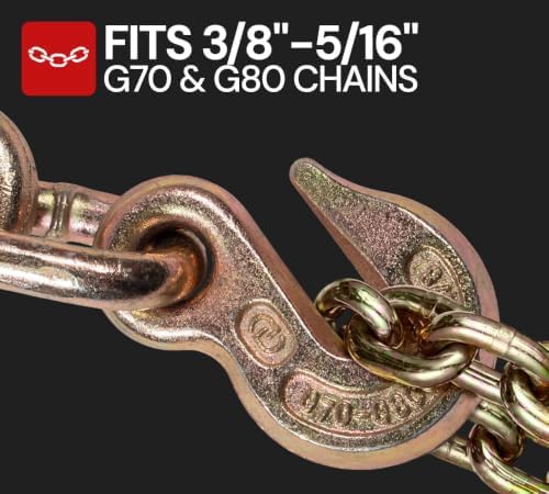5/16" - 3/8" Durabilt T-Handle Ratchet Chain Binder with 6' Chain Extension & Grab Hooks - 7,100 lbs WLL Heavy Duty Tie Down Hauling Load Chain Binders for Flatbed Trailer