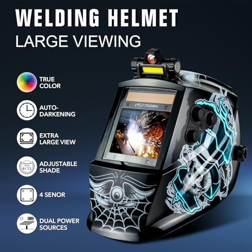 TRQWH Welding Helmet Auto Darkening Large Viewing True Color Solar Powered Welding Mask with 4 Arc Sensor Adjustable Wide Shade Range 4~5-8/9-13 Welder Mask with Grinding