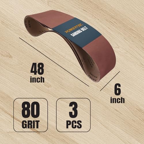 POWERTEC 6 x 48 Inch Sanding Belts, 3PK, 80 Grit Aluminum Oxide Belt Sander Sanding Belt for Bench Belt Sander, Woodworking & Paint Removal, Metal Polishing (110533)
