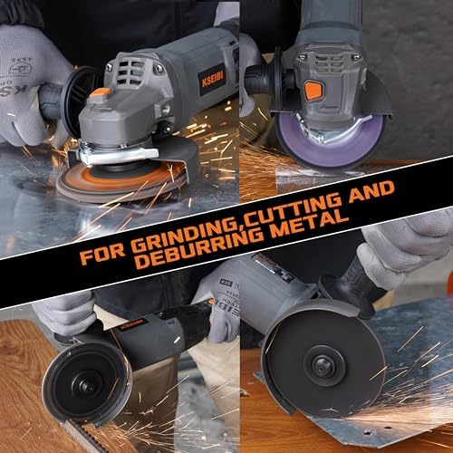 KSEIBI 711943K Angle Grinder Tool - 4 1/2 inch, 950W, 8Amps, 11000RPM, Corded Power Tools Long Handle with 7/8" Arbor Grinding and Cutting Wheels, Flap Disc, Quick Adjustable Guard, and Storage Bag