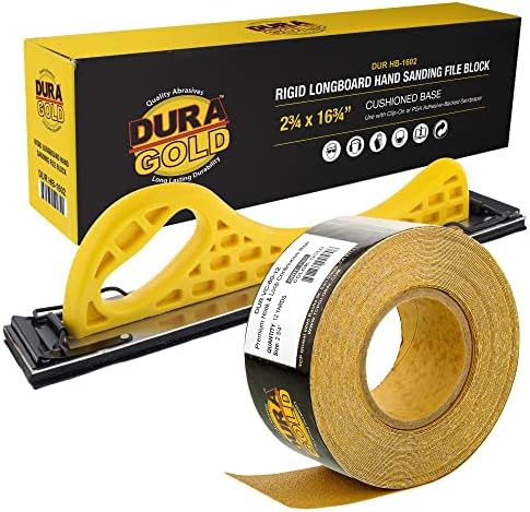 Dura-Gold Pro Series Longboard Hand Sanding File Sander Block - Hook & Loop Backing and PSA Backing Adapter Pad & 80 Grit PSA Longboard Sandpaper 12 Yard Roll, 2-3/4" Wide