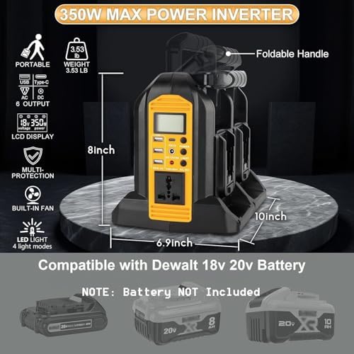 Choerinton 350W Power Inverter for Dewalt 20v 60V Battery 4-Ports DC 20V to AC 110-120V Pure Sine Wave Battery Inverter with LED Light, 3 USB-A Port,1 Type-C Port,1DC Port for Camping Emergency