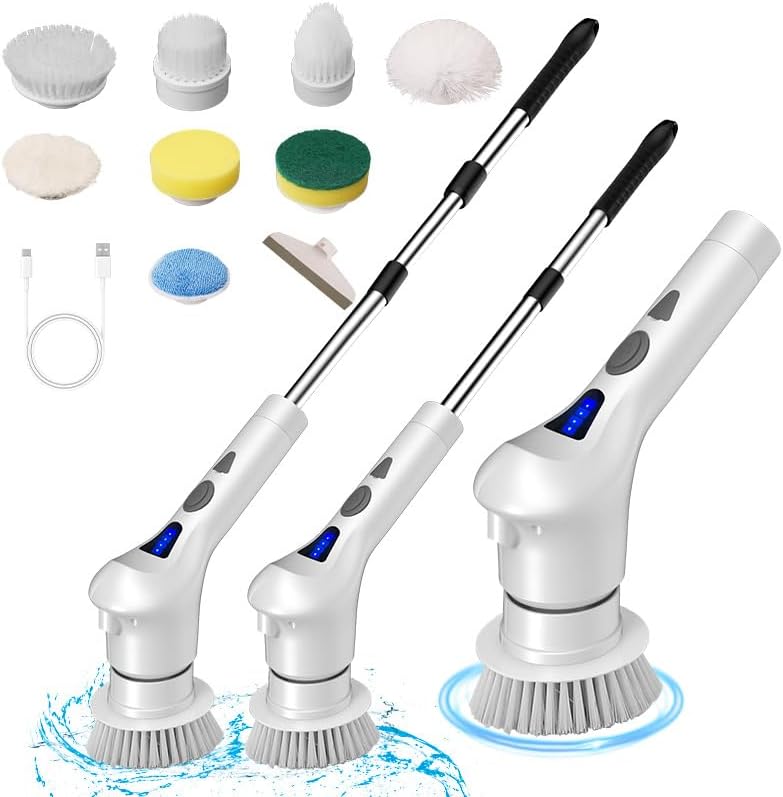Electric Spin Scrubber with 8 Replaceable Brush for Bathroom Car Floor