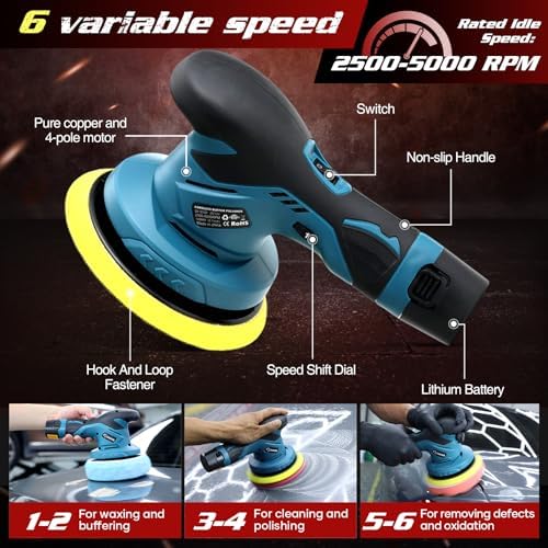 Saker Cordless Car Buffer Polisher - 6 Inch Portable Polishing Waxer Machine Kit for Car Detailing, with 3PCS 12V 2000mAh Batteries, Cloth, Bag, Gloves, Extends to 22 Attachments