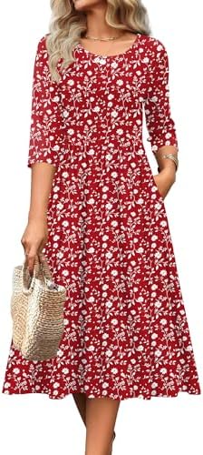 Zeagoo 3/4 Sleeve Women's Dress Casual Aline Summer Fall Midi Long Dresses