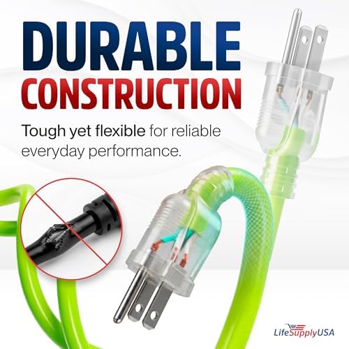 75ft Outdoor/Indoor Extension Cord 12/3 Gauge Extra Heavy Duty 3 Prong SJTW, Waterproof, Flexible Cold-Resistant Long Power Cord, 15A 125V 1875W, Neon Green by LifeSupplyUSA