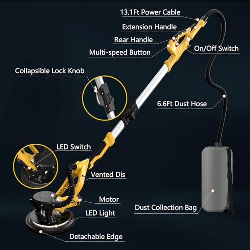 1390W Drywall Sander with Vacuum, 11.5A Electric Drywall Sander with 900-2800RPM 5 Variable Speed, Popcorn Ceiling Removal Tool with Extendable Handle, LED Light, 18x Sanding Discs