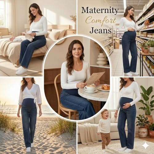 fitglam Women's Maternity Jeans Straight Leg Relaxed Fit Over Belly Pregnancy Denim Work Pants Maternity Clothes with Pockets