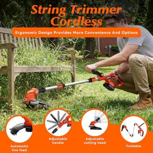 20V Electric Weed Wacker Cordless Edger Lawn Tool 2 X 2.0Ah Battery Powered Weed Eater with Charger, 12 Inch Lightweight String Trimmer, Auto Line Feed Grass Cutter Lawn Mower for Small Yard Orange