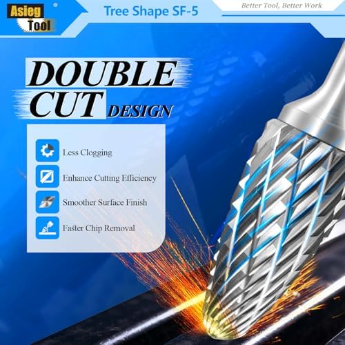 SF-5 Tungsten Carbide Burr Rotary File Tree Shape Radius End Shape Double Cut for Die Grinder Drill Bits 1/4'' Inch Shank Diameter and 1/2'' Diameter of Cutter 1'' Inch Cutter Length - 5Pcs