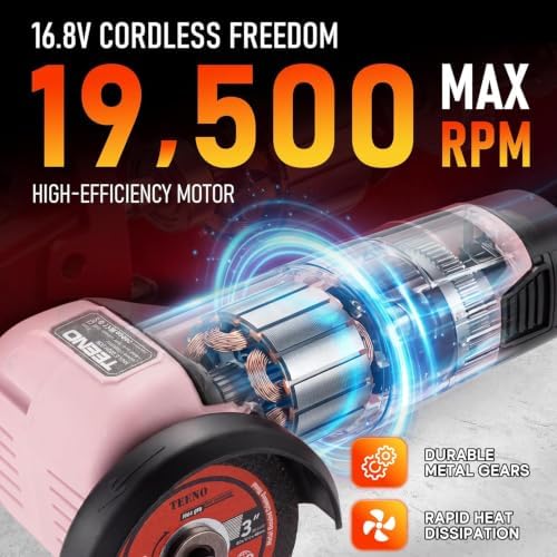 TEENO Cordless Angle Grinder Kit, 19,500 RPM Mini Electric Angle Grinding Tool with 2 Pcs 16.8V 2000mAh Batteries and 6 Cutting Discs, 3-Inch Handheld Grinder for DIY & Home Improvement, Pink