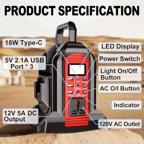 Choerinton 350W Power Inverter for Milwaukee18V Battery, 2-Port DC to AC 110-120V Inverter with LED Light, 3 USB-A,1 USB-C, DC and AC Ports, Portable Battery Inverters for Outdoor Use(Tool Only)