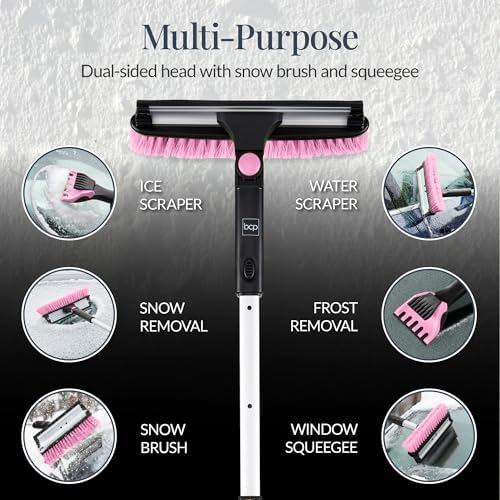Best Choice Products Snow Brush with Squeegee & Ice Scraper, Up to 39" Extendable Foam Grip, 270° Pivoting Snow Brush for Car Truck SUV, Storage Bag Included - Pink