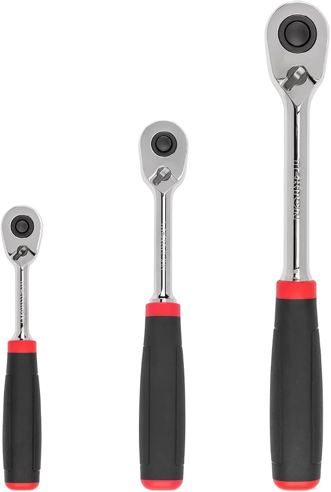 TEKTON 1/4, 3/8, 1/2 Inch Drive Ratchet Set, 3-Piece | SRH91101 | 6, 8, 10-1/2 in., Quick-Release, Comfort Grip