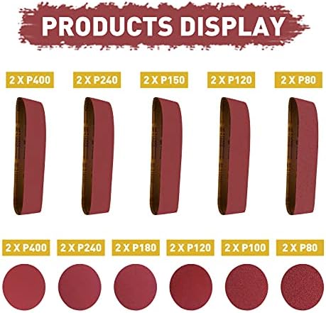 Sanding Belts 4 x 36 Kit, Aluminum Oxide Sanding Belts, Sander Belts 4x36 80-400 Grits 10 Pack and 6 Inch No-Hole Self Stick Oxide Sanding Disc Paper 80-400 Grits 12 Pack (22 Pcs)
