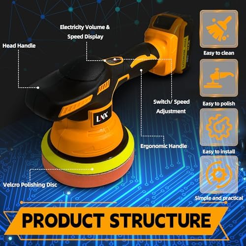 Cordless Buffer Polisher for Dewalt 20V Battery, 6 Inch Car Polisher with 8 Variable Speed, Portable Orbital Buffers and Polishers Kit for Car Detailing, Waxing, Polishing (Battery Not Include)