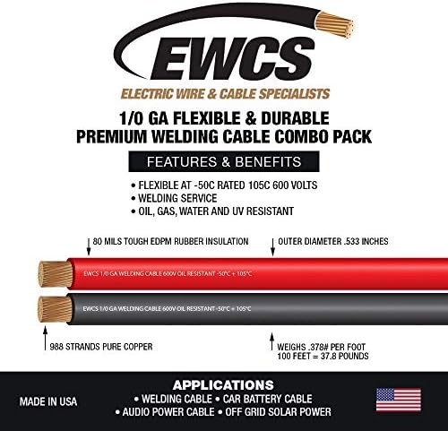 EWCS 1/0 Gauge Premium Welding Cable Black + Red Combo Pack - 20 Feet of Each - Made in USA