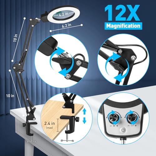KIRKAS 12X Magnifying Glass with Light and Stand, Overhead Knob 2 in 1