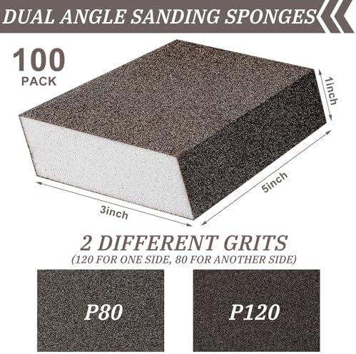 Gisafai 100 Pcs Dual Angle Sanding Sponge Bulk, 80/120 Grit Double Sided Reusable Washable Sponge Sandpaper Block for Drywall, Wood, Metal, Glass, Med/fine