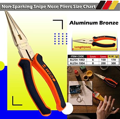 WEDO Non-Sparking Needle Nose Pliers 8", Precision Long Nose Pliers, Snipe Nose Pliers with Wire Cutters, DIN Standard, BAM & FM Certificate, Aluminum Bronze